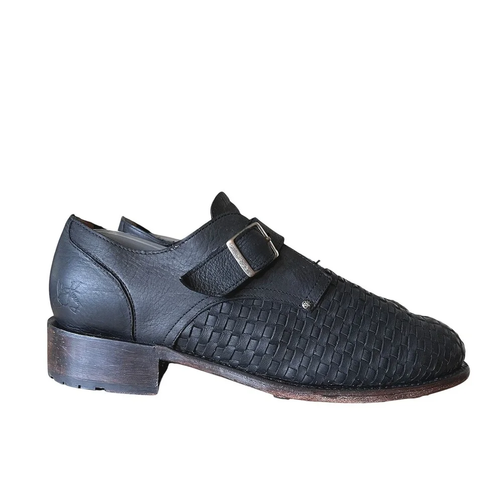 John Fluevog Ayn Black Woven Leather Monk Strap Shoes Low Block Heel Womens 10W